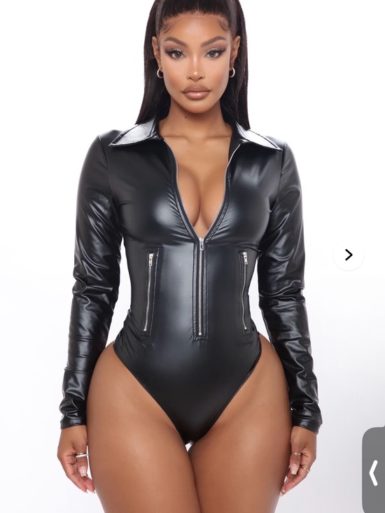Fashion Nova Tops - Fashion Nova Black Faux Leather Zip-Up Long Sleeve Bodysuit